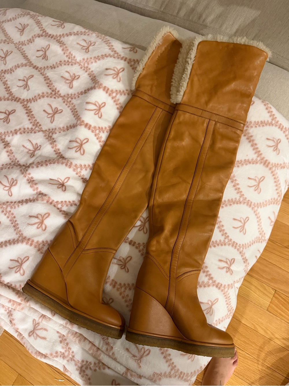 Celine Camel Tan Over-the-Knee Shearling-Trim Wedge Boots